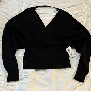 Fab'rik women’s medium black sweater vonceil wrap v neck tight stretch waist NWT